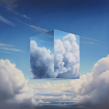 A painting of a cube with clouds on it