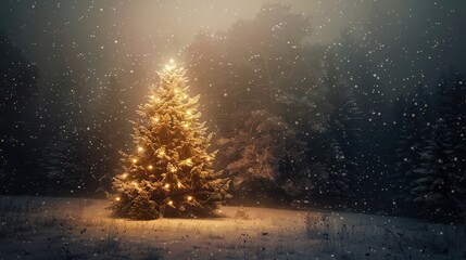 A majestic illuminated Christmas tree stands in a snowy meadow, surrounded by a dense pine forest...
