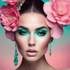 The combination of mint and pink flowers with delicate makeup