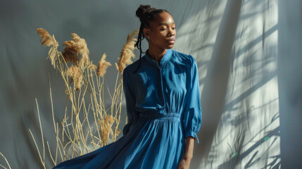 A female model wearing a blue tencel dress with a simple background,long sleeves