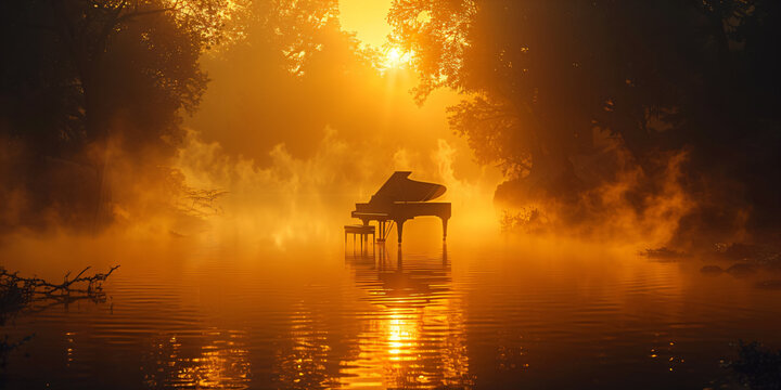 illustration of a piano in a surreal environment