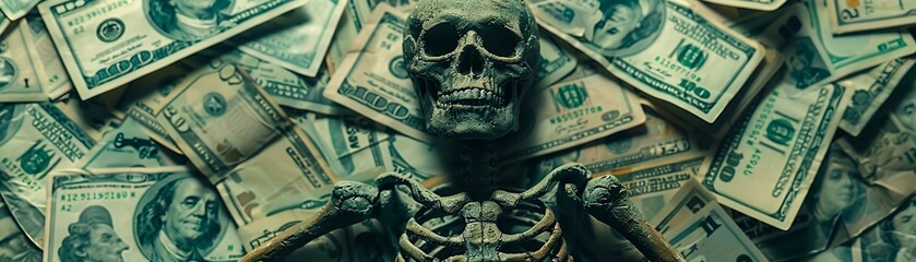 Skeleton surrounded by fading banknotes, illustrating wealth illusion against mortality, stark contrast, centered view , clean sharp - obrazy, fototapety, plakaty