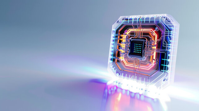 A computer chip is lit up with a blue, red, and yellow glow. The chip is surrounded by a circuit board, which is also lit up. Concept of technology and innovation