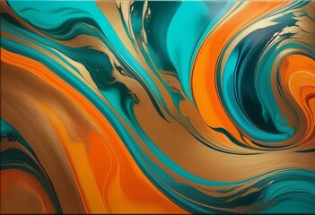 The Graceful Fusion of Teal, Orange, and Gold in Luxurious Marbling Art