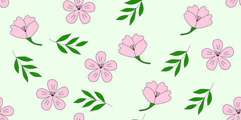 Seamless pattern with pink sakura or cherry blossom flowers and branches, on green, vector