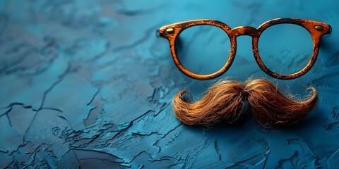 April Fools Day themed photo of comical glasses bushy eyebrows mustache on blue background with copy space. Concept April Fools Day, Comical Glasses, Bushy Eyebrows, Mustache, Blue Background - obrazy, fototapety, plakaty