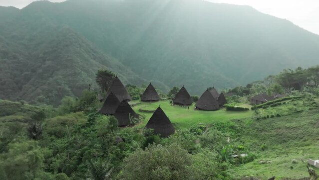 Aerial view of the remote and mysterious village of Wae Rebo, Indonesia