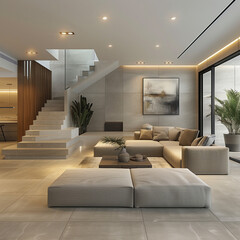 This modern living area boasts an elegant staircase, large sectional, and tasteful art. Generative Al
