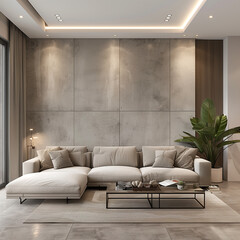 A sleek minimalist interior design featuring a neutral-toned sofa set against a concrete wall. Generative Al
