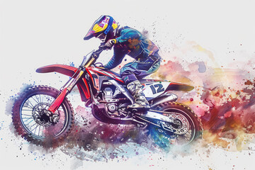 A colorful watercolor painting of motocross rider on motorcycle