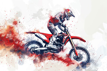 A red watercolor painting of motocross rider on motorcycle