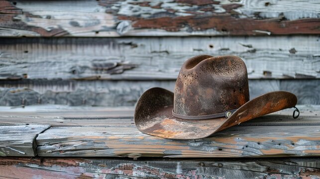 Vintage cowboy hat resting on weathered wooden boards generative ai images