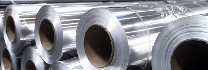 shiny new aluminum foil rolls in a warehouse