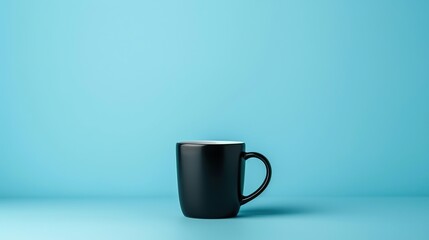 A sleek black coffee mug against a solid pastel blue backdrop, minimalist composition, copy space