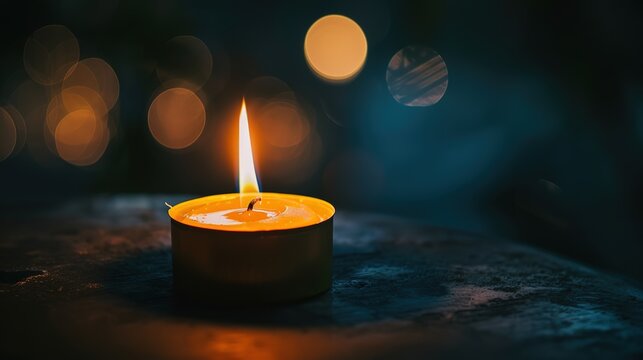 A single lit candle casting a soft glow on a plain surface, minimalist ambiance, real photo, stock photography ai generated high quality image
