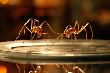 Acrobatic Ant Dance on Reflective Surface. Two agile ants perform a synchronized duet on a shiny backdrop. Details captured in a stunning image with warm-colored blur. Isolated on sleek silver. - obrazy, fototapety, plakaty