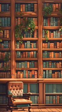 Old books in a library with bookshelf and plants.