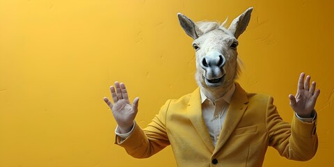 A man in a horse mask making funny gestures and dancing in a yellow suit against a yellow background. Concept Funny Gestures, Horse Mask, Yellow Suit, Dancing, Yellow Background - obrazy, fototapety, plakaty