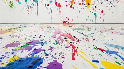 A riot of colors splattered across a clean white floor, reminiscent of an artist's playful experimentation.