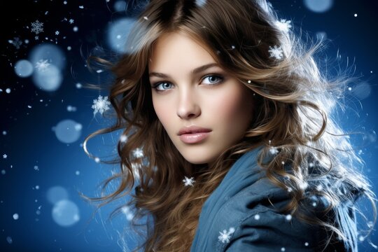 Portrait of a beautiful young woman with long brown hair and blue eyes, perfect for beauty, fashion, and hair care campaigns. High-quality studio image of a smiling female model on a blue background.