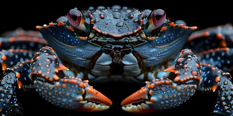 Defiant Black and Red Crab Closeup with Water Droplets on Skin. Concept Crab Photography, Macro Closeup, Water Droplets, Black and Red Creatures - obrazy, fototapety, plakaty