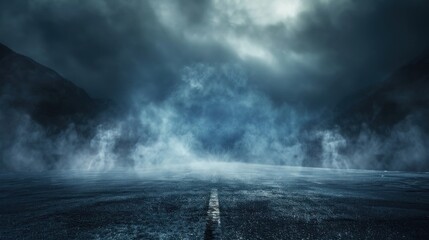 Creative blurry dark road, wet asphalt, reflection of rays in the water. Abstract dark blue background, smoke, smog.