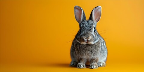 Fototapeta na wymiar Playful Grey Rabbit with Fluffy Ears and Paws Up Against Vibrant Orange Background. Concept Animal Photography, Colorful Background, Fluffy Rabbit, Vibrant Contrast, Playful Poses
