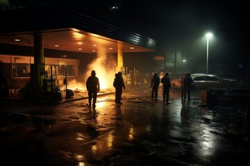 Firefighters in protective gear battling a blaze at a gas station at night. Firefighters responding to a fire emergency at a gas station in the dark. Emergency response team in action. - obrazy, fototapety, plakaty