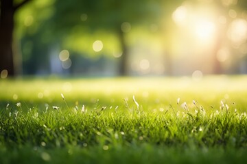 Naklejka premium Close-up view of a lush green grass field with gently swaying trees and warm sunlight filtering through the leaves. Ideal for a calming wallpaper or serene background image.