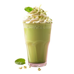 Refreshing green milkshake with whipped cream and mint leaves on a transparent background - obrazy, fototapety, plakaty