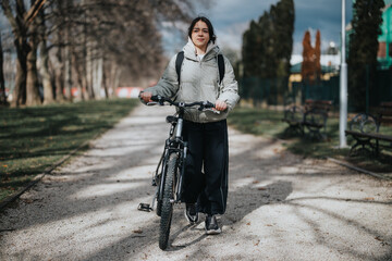 Young girl with a bicycle standing in a sunlit park, embodying leisure and weekend relaxation.