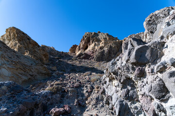 Rugged Volcanic Terrain under Blue Sky in Cabo de Gata