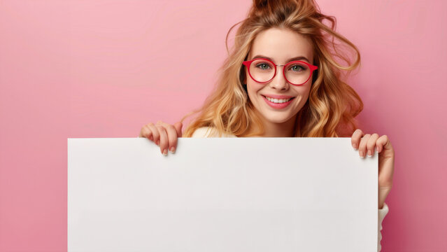 A young woman with long light bround hair and red glasses holding up a blank sign. Copy space.