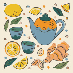 Set of illustrations for tea drinking. Drink with ginger and lemon, teapot, mugs, lemon, mint. Cozy vector illustration. Isolated objects.