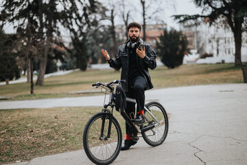A businessman multitasking by riding a bicycle and using his smart phone in an outdoor park setting.