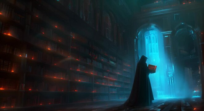 Specter librarian shelving ancient, glowing tomes