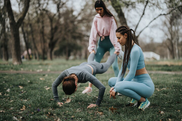 Group of women exercising outdoors, engaging in fitness activities on a grassy field with trees in the background.