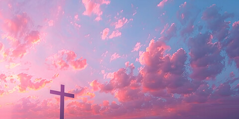Christian easter conceptual religious symbol on a colorful sky at sunset