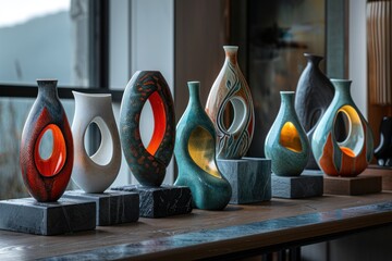 Intricately designed ceramic vases, in various colors, brighten up the room.