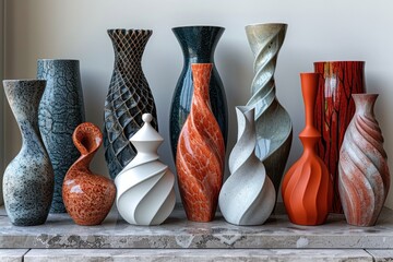 Display of colorful ceramic vases with intricate designs, perfect for adding a touch of elegance to any interior. - obrazy, fototapety, plakaty