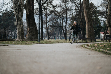 A female cyclist takes a relaxed ride through a serene, tree-lined park with benches, exuding a sense of freedom and tranquility.