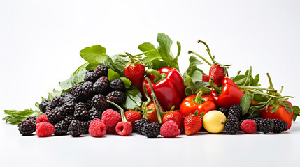 Fresh vegetables, fruits, and berries on a white background.