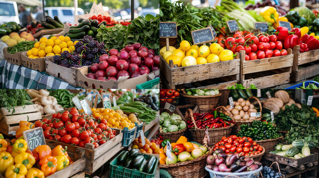 Fresh organic produce from farmers market on display.