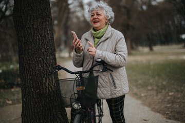 Smiling mature woman with a bicycle standing in a park, browsing her smart phone on a sunny day.