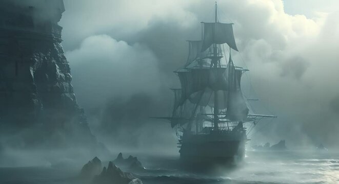A ghostly ship sailing on a sea of lost souls, fog swirling