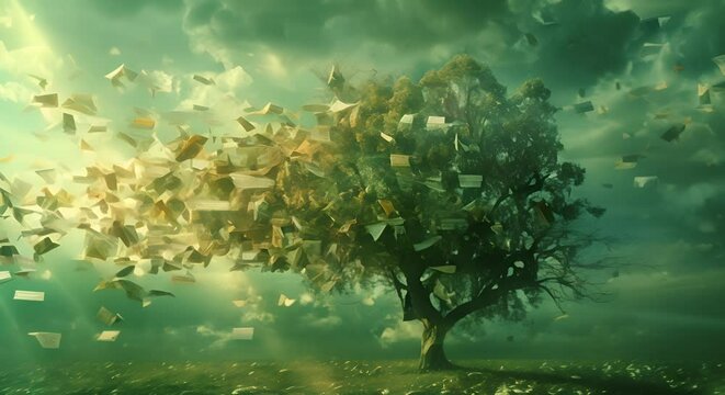 Windy day blowing currency notes off a money tree