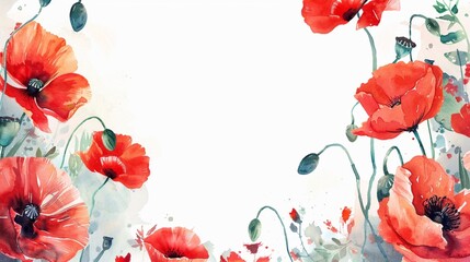 Watercolor poppy flowers, vibrant red floral abstract, spring garden background with copy space
