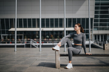A fit young woman in sportswear rests on a bench with a modern building in the background,...