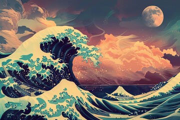 Great wave Japanese style,vintage wave illustration,Japanese art style ocean,stormy sea waves,Japanese woodblock print,ukiyo-e inspired artwork,traditional Japanese aesthetics,retro style seascap - obrazy, fototapety, plakaty
