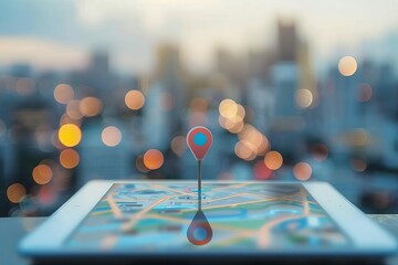 GPS map pin location, digital tablet searching cityscape, technology, navigation apps - obrazy, fototapety, plakaty